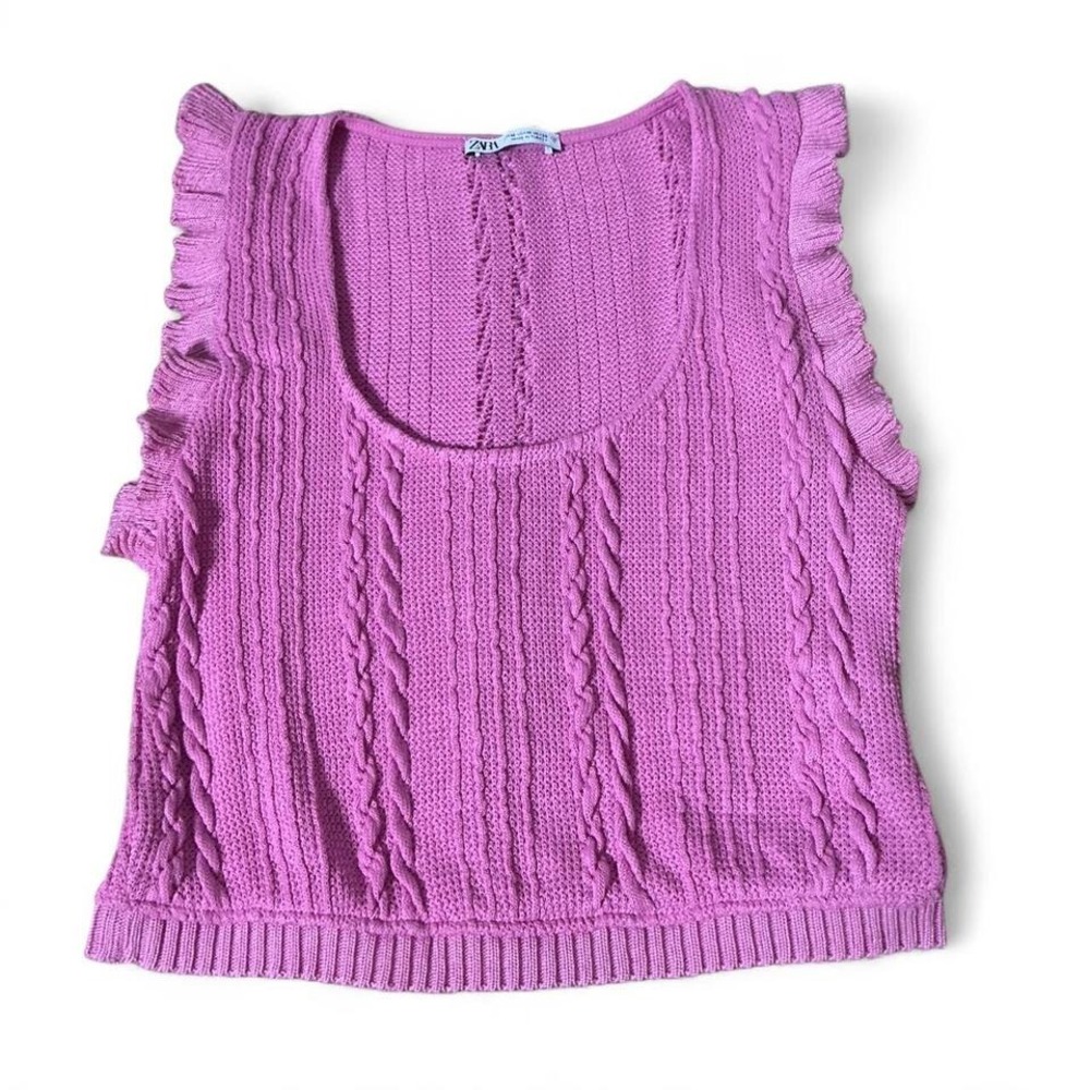 Zara Pink Cable Knit Ruffle Coquette Vest Scoop Neck M‎ Orchid Sleeveless Top